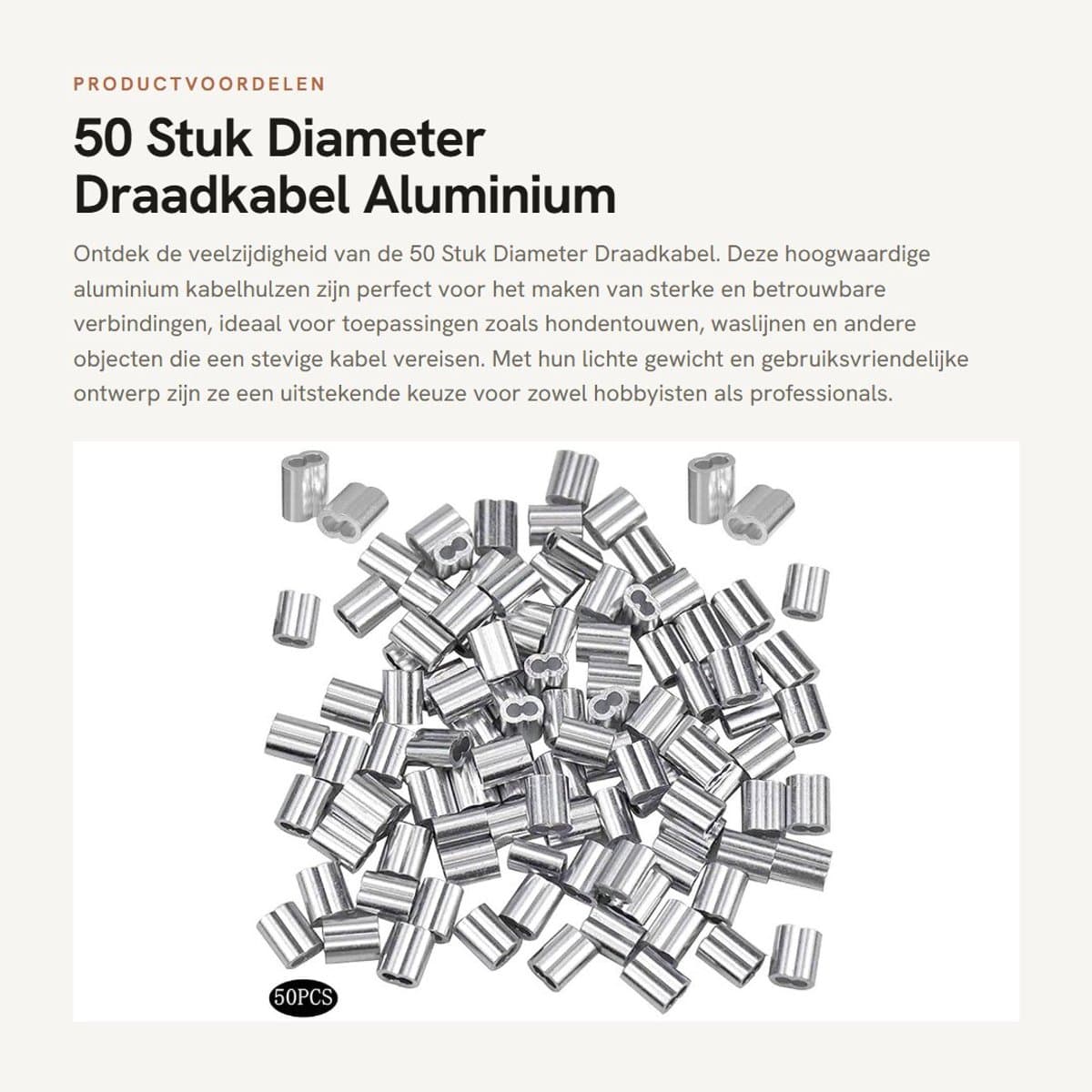 Dailygoods- Draadkabel 50 Stuks - Aluminium Kabeldraad - Zilveren Krimpring-Hulsklem - Geschikt voor Hondentouw/Waslijn - Diameter 8 mm - Laag Gewicht/Hoge Prestaties - Staaldraad — afbeelding 1