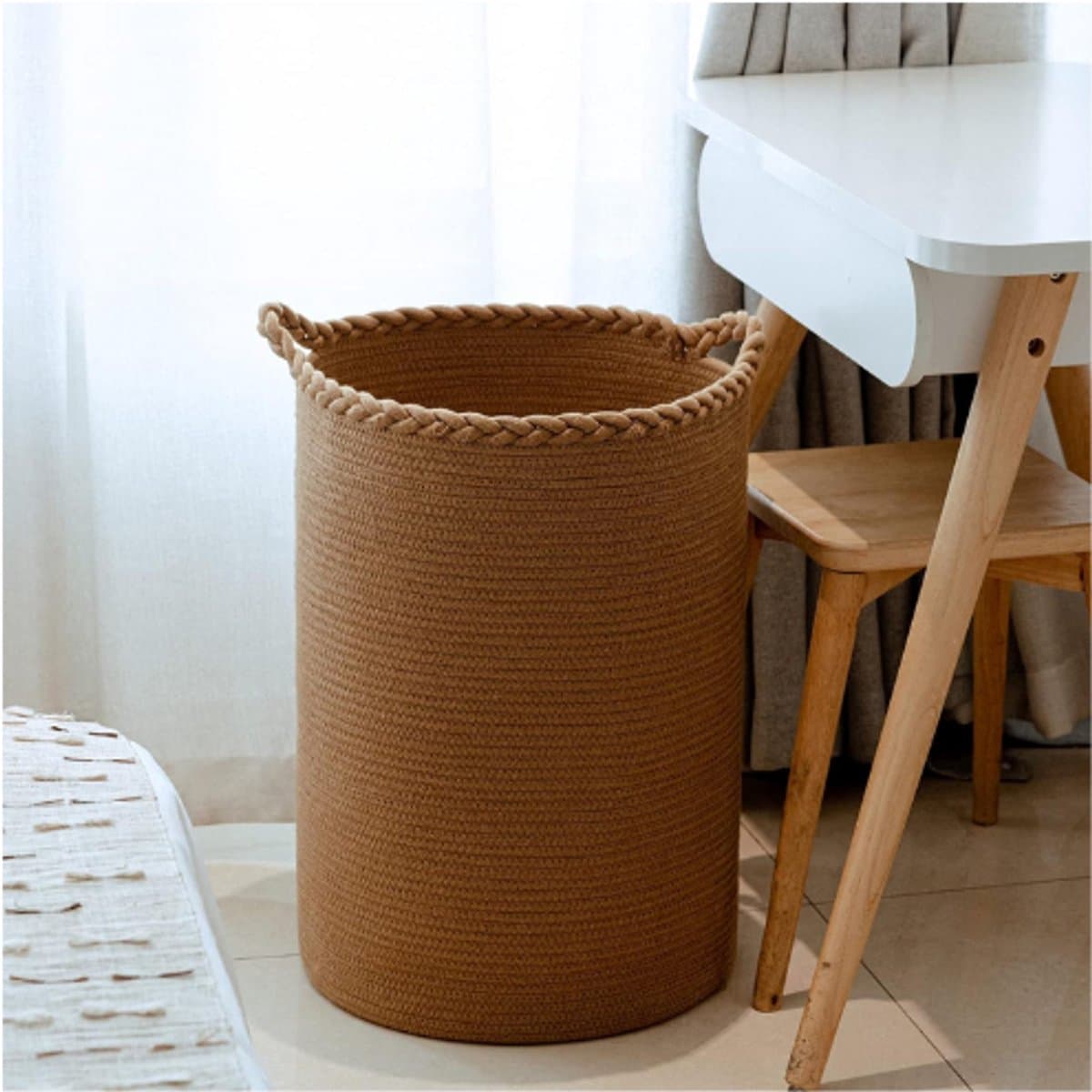 90L Extra Grote Geweven Wasmand Katoenen Hoge Wasmand Voor Dekens Kleding Kussens Speelgoed Schoenen Grote Opbergmand Bruin — afbeelding 1