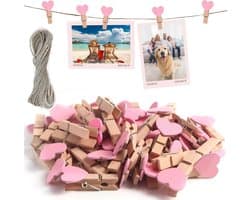 120 Houten Waslijnknijpers met 50M Koord voor Foto's en Decoratie