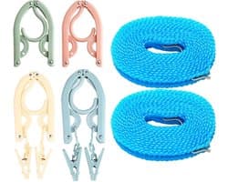 Travel Hanger and Portable Clothes Line - 4 Pcs Folding Hanger and 2 Pcs Windproof Clothesline for Outdoor Camping (PinkGreenBlueBeige)