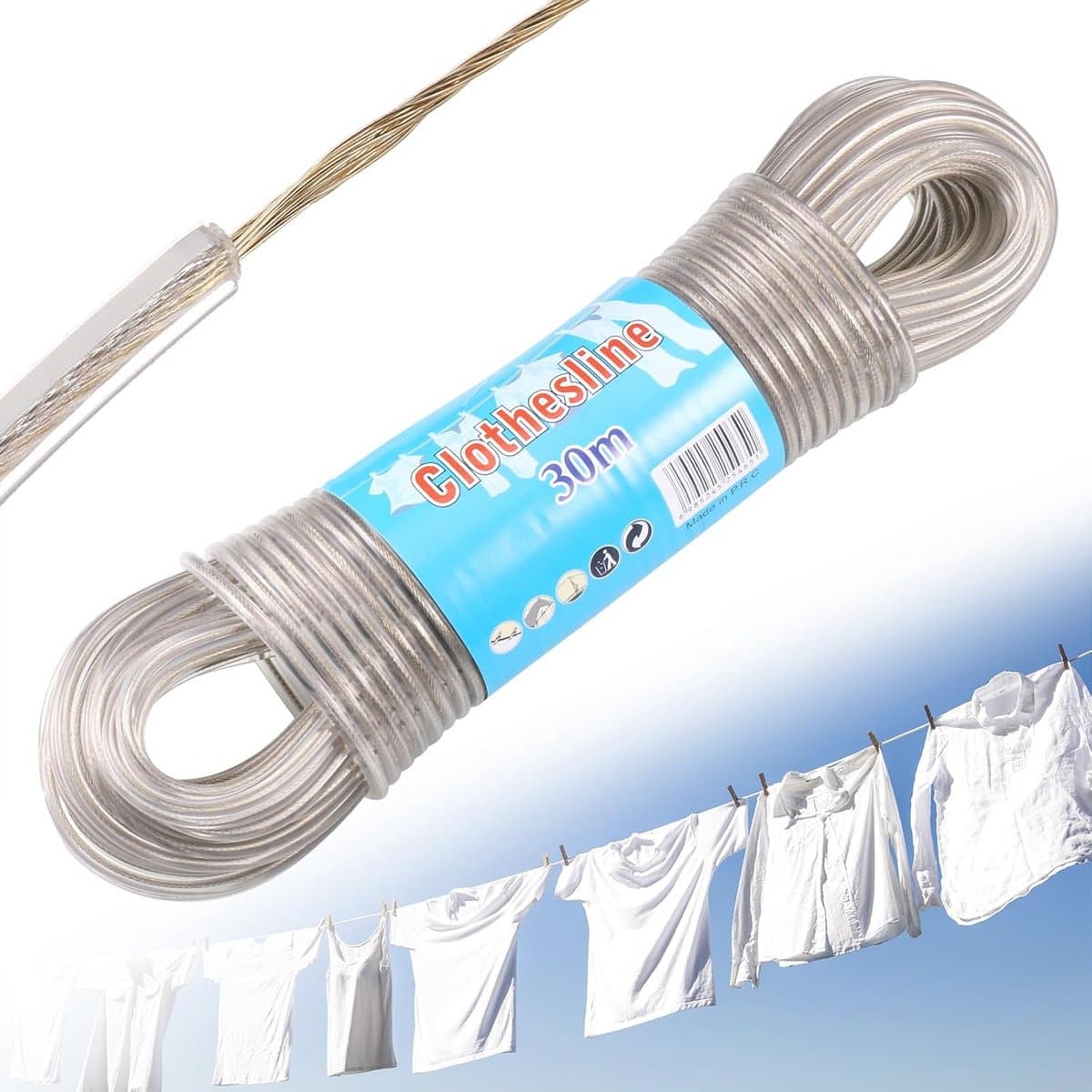 30 m Waslijn Touw - Sterke Draad voor Buiten - Roestvrij en Waterdicht - 4 mm Diameter — afbeelding 1