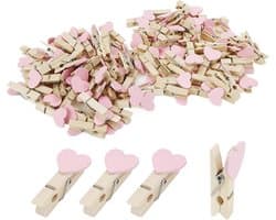 100x Mini Houten Wasknijpers Hartjes Roze - Decoratie Clips voor Foto's, Feest en Knutselen