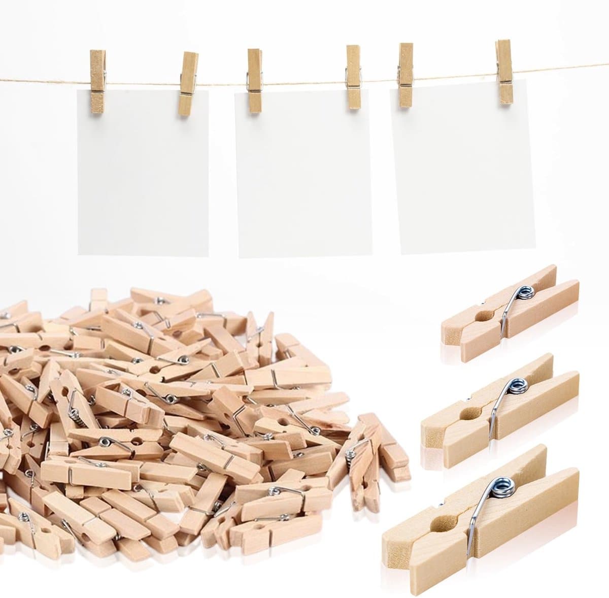 Dailygoods - Houten knijpers, mini-wasknijpers, 150 stuks, decoratieve knijpers, kleine houten wasknijpers, voor foto's, collages, ansichtkaarten, geschenken (drie maten) — afbeelding 1