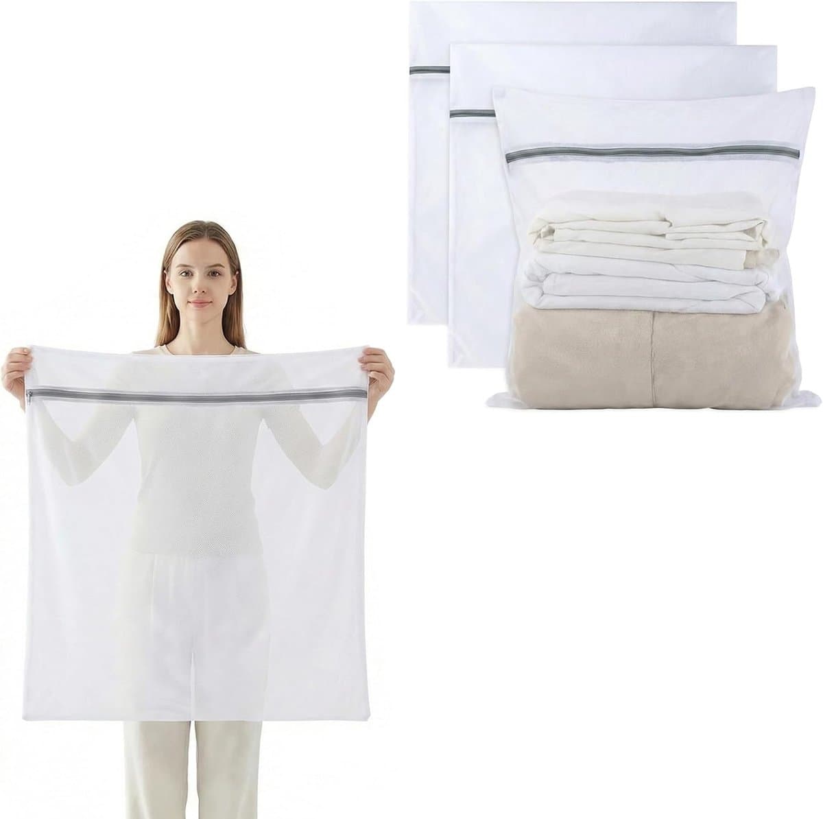 SnelShoppen - Pack van 3 Grote Wasnetten 60 x 60 cm met Rits - Herbruikbare Waszak voor Wasmachine - Geschikt voor Hemden, Truien, Jassen en Werkkledi — afbeelding 1