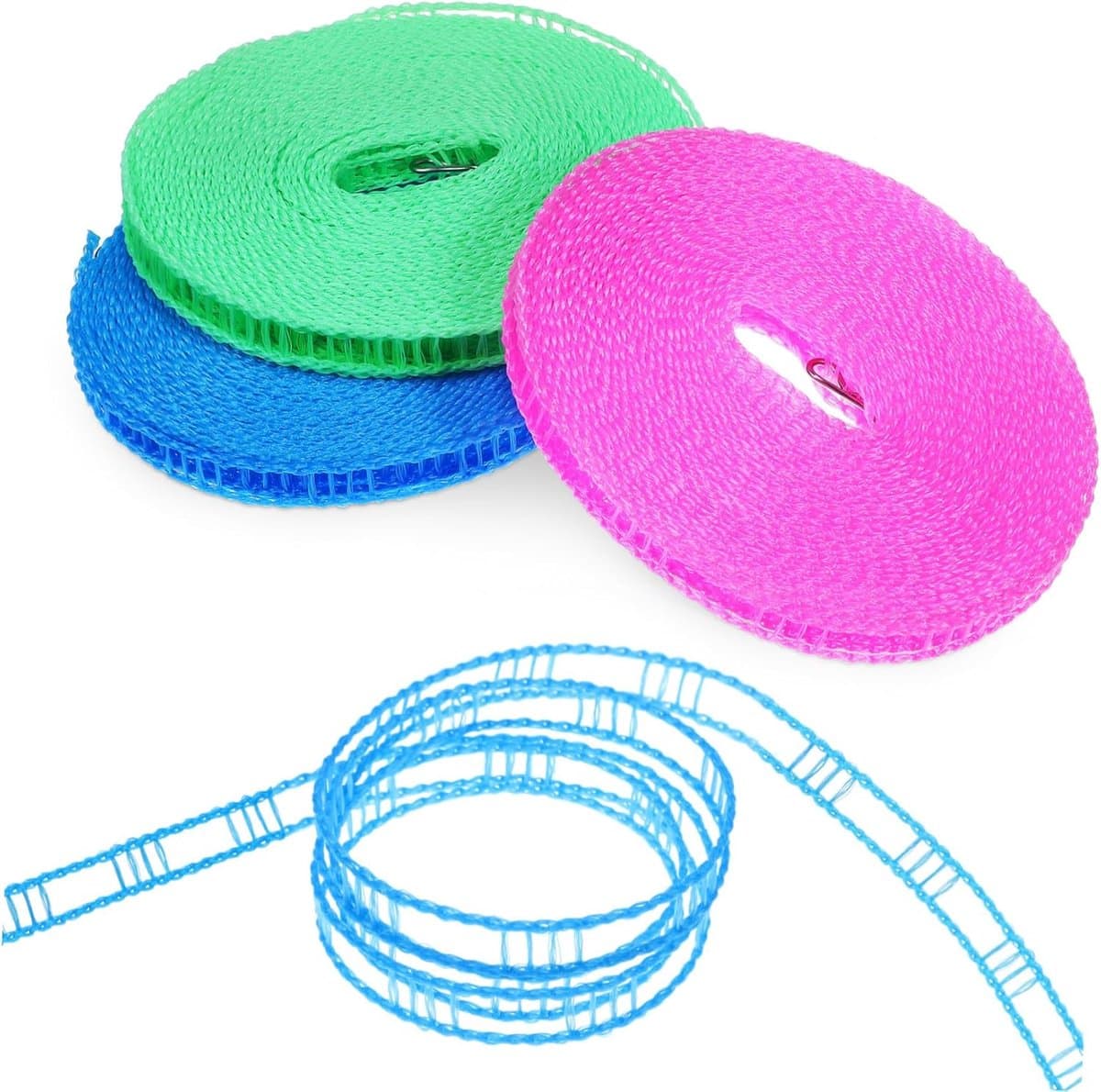 Draagbare Waslijn - Kledinglijn Outdoor - Kleding Drogen - Verstelbaar Nylon - 3 Rollen - Diverse Kleuren — afbeelding 1
