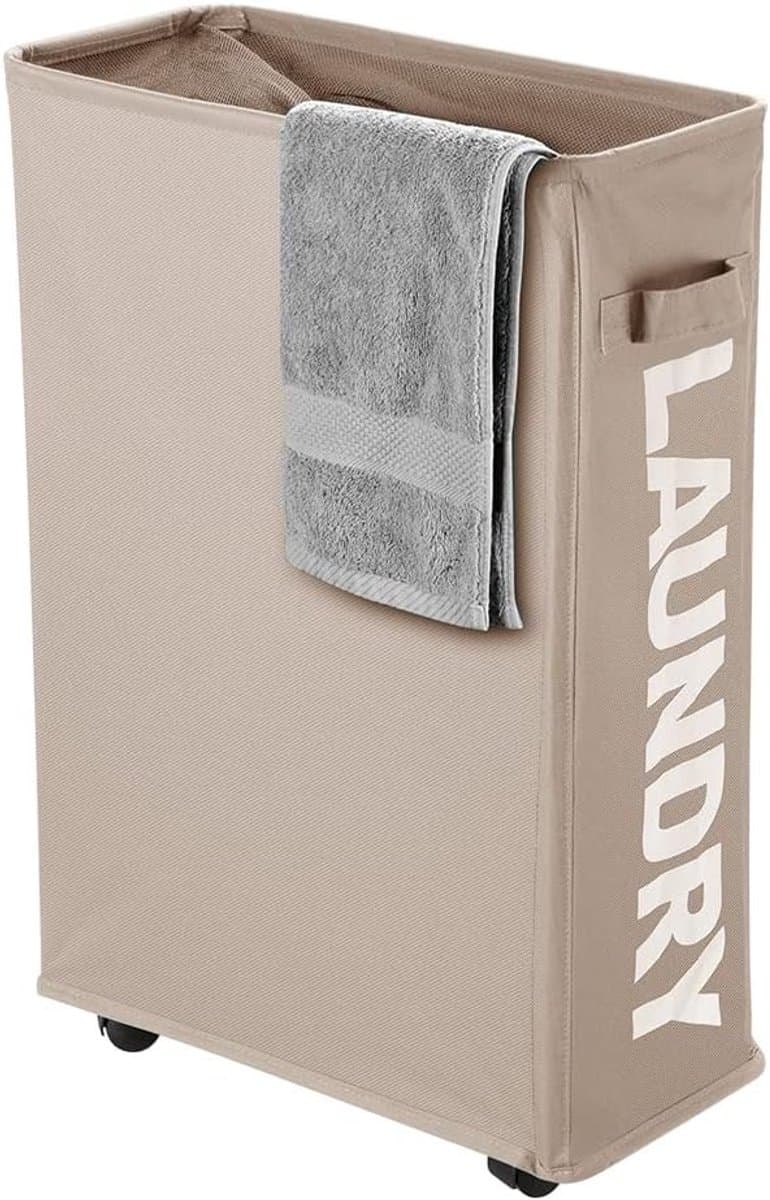 Stoffen Wasmand - Smal Opvouwbaar - Met Handvatten en Wielen - Voor Wasgoed, Speelgoed, Handdoeken en Dekens - Khaki — afbeelding 1