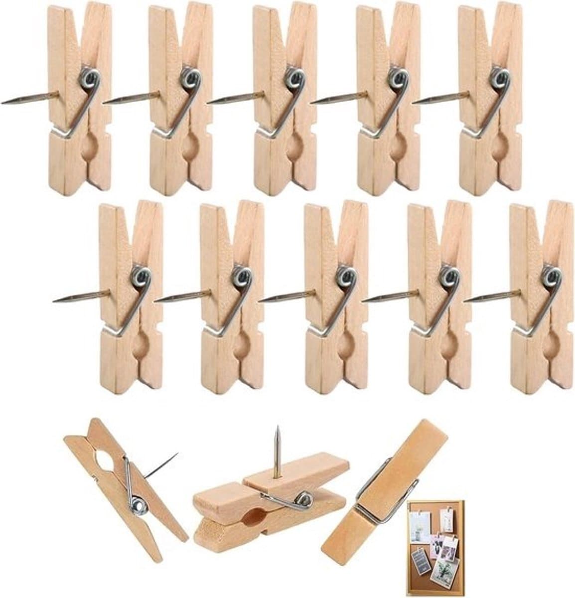 Houten Klemmetjes met Prikkers 100 Stuks Natuurlijk voor Prikborden en Knutselwerk — afbeelding 1