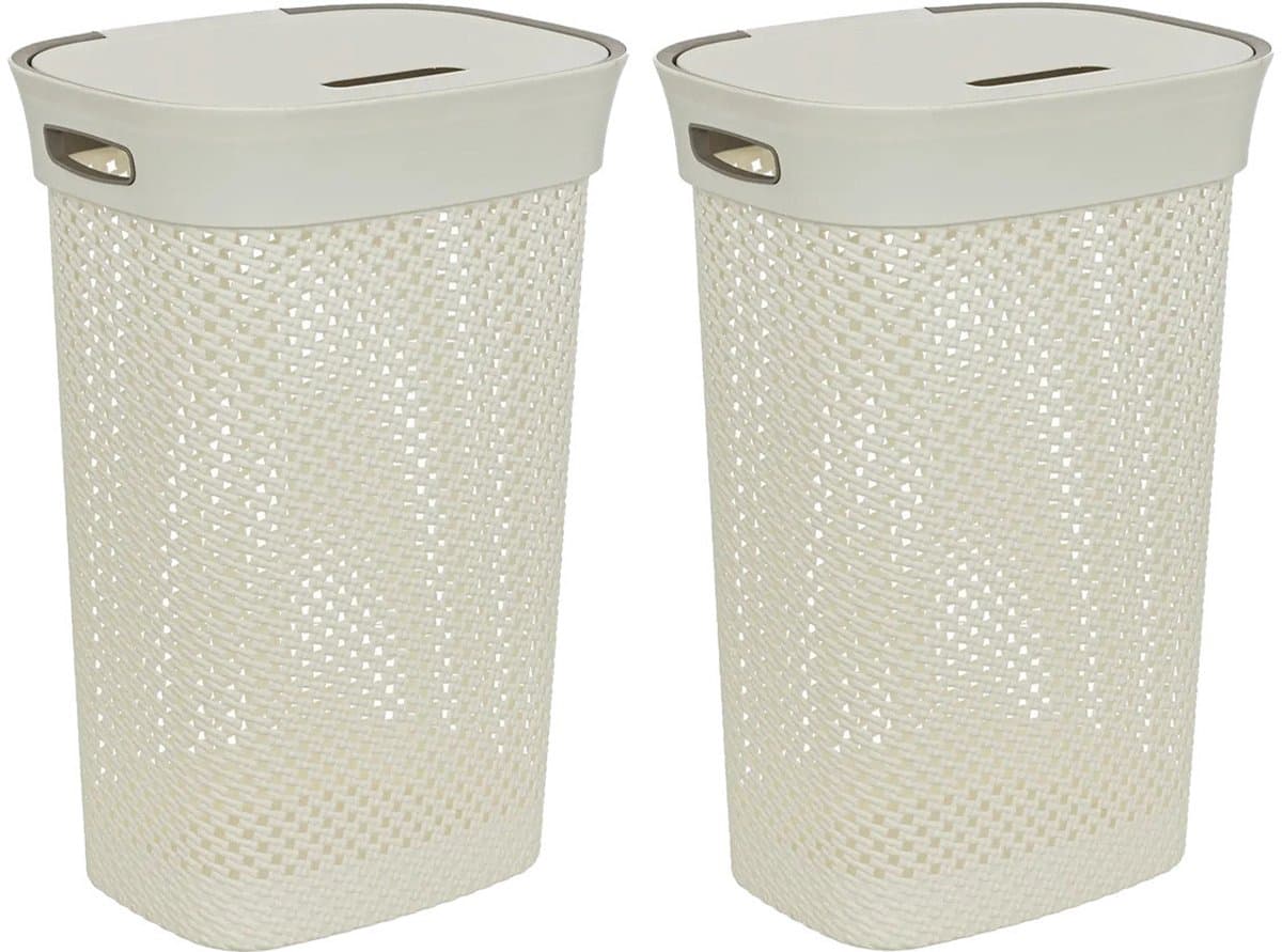 5Five Wasmand met deksel Rotan - 2x - wit - gevlochten kunststof - 60 liter - 42 x 33 x 61 cm - Badkamer accessoires — afbeelding 1