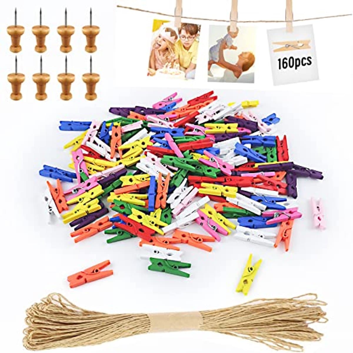 168 Stuks Mini Houten Knijpers voor Foto's met Jute Koord - Ideaal voor Bruiloft Decoratie en DIY Fotowand — afbeelding 1
