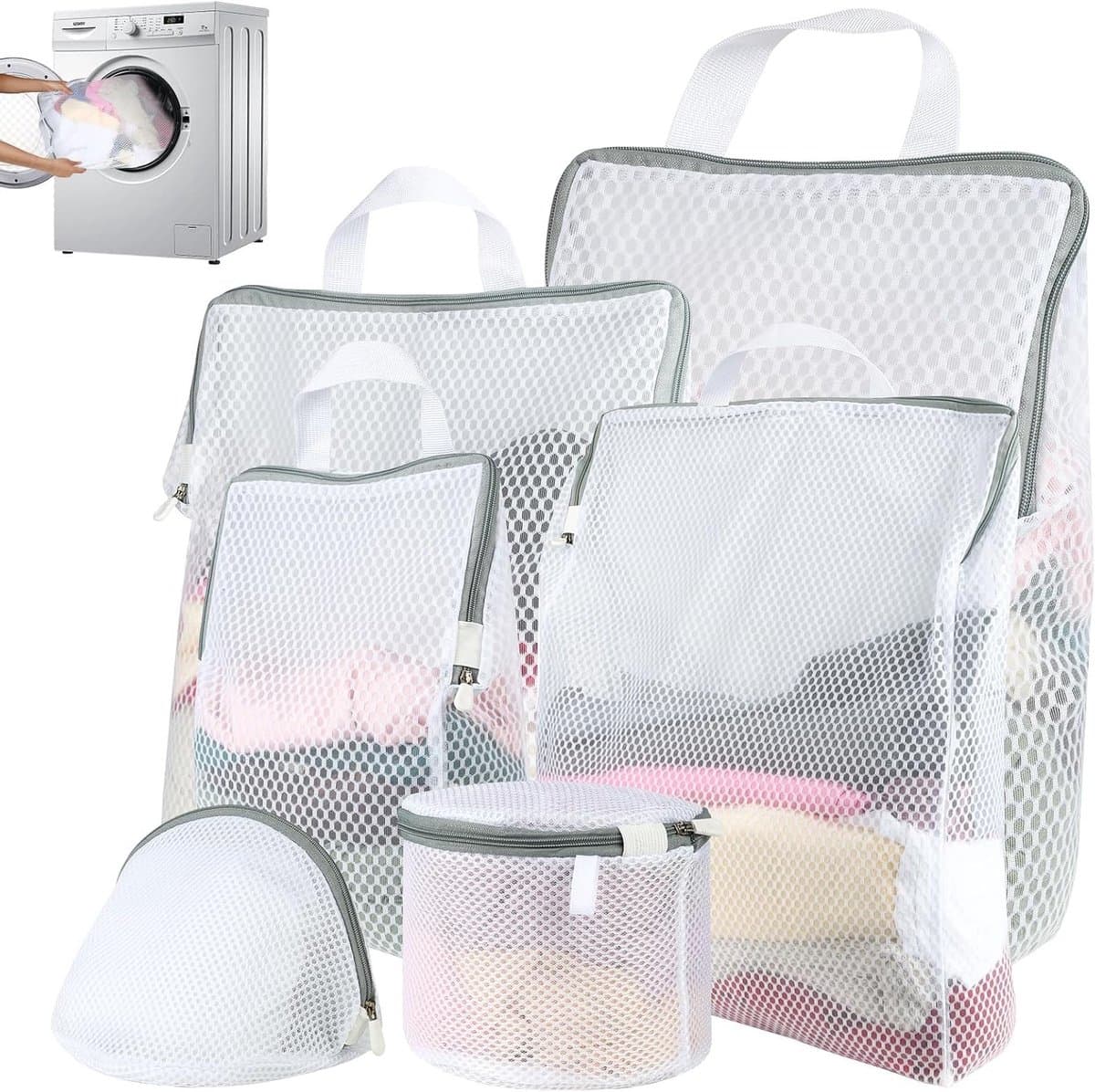 Set van 6 Wasnetten voor Wasmachine, Herbruikbare Waszakken met Rits en Handvatten voor Kleding, Ondergoed en Babykleding in 5 Maten — afbeelding 1