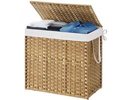 SONGMICS - Wasmand - Wasmand met 2 Vakken - Opvouwbare Rattan Mand met Deksel en Handgrepen - Uitneembare Waszak
