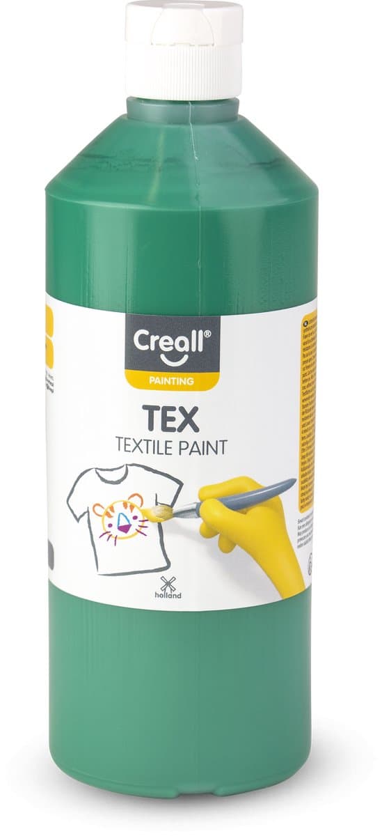 Creall Tex - Textiel- & Stoffenverf - Groen - 500ml - Machine wasbaar na fixatie - Voor T-shirts, jeans, schoenen, stoffen tassen, meubels en auto-interieurs/hemelbekleding - Gemaakt in NL - Glutenvrij — afbeelding 1