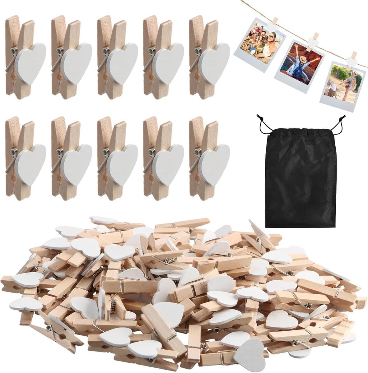 100 Houten Mini Knijpers Wit voor Foto's en Knutselen met Opbergzak — afbeelding 1