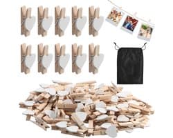 100 Houten Mini Knijpers Wit voor Foto's en Knutselen met Opbergzak