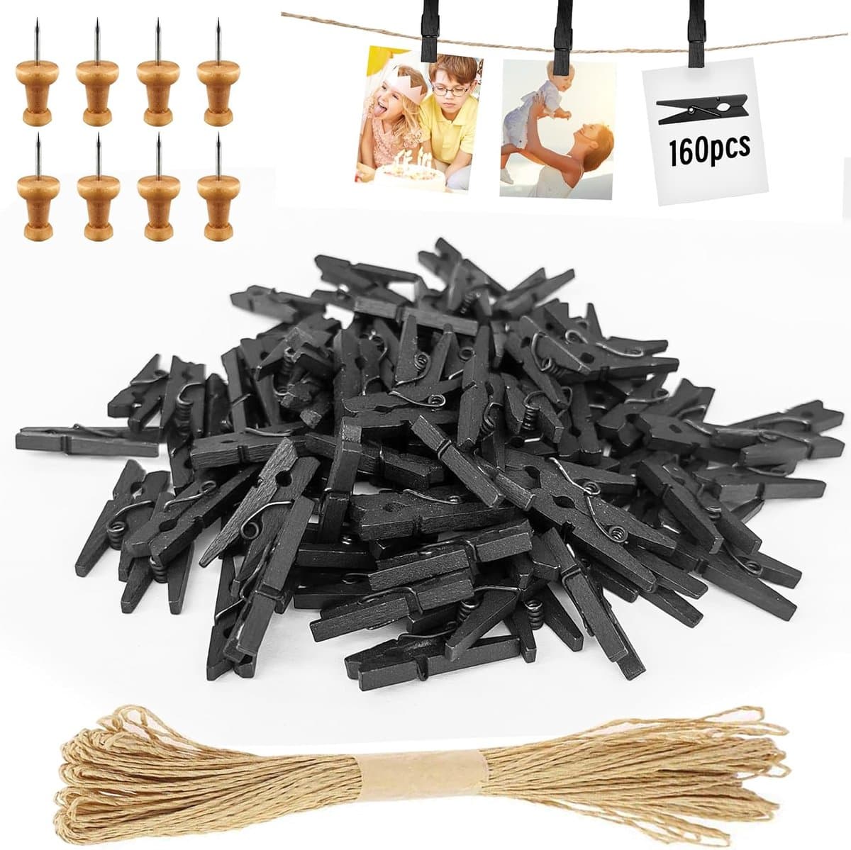 SnelShoppen - 168pcs Mini Houten Klemmen Zwart - Kleine Kledinghangers voor Foto's met 10m Jute Touw - DIY Decoratie voor Bruiloft, Feest, Fotowand en — afbeelding 1