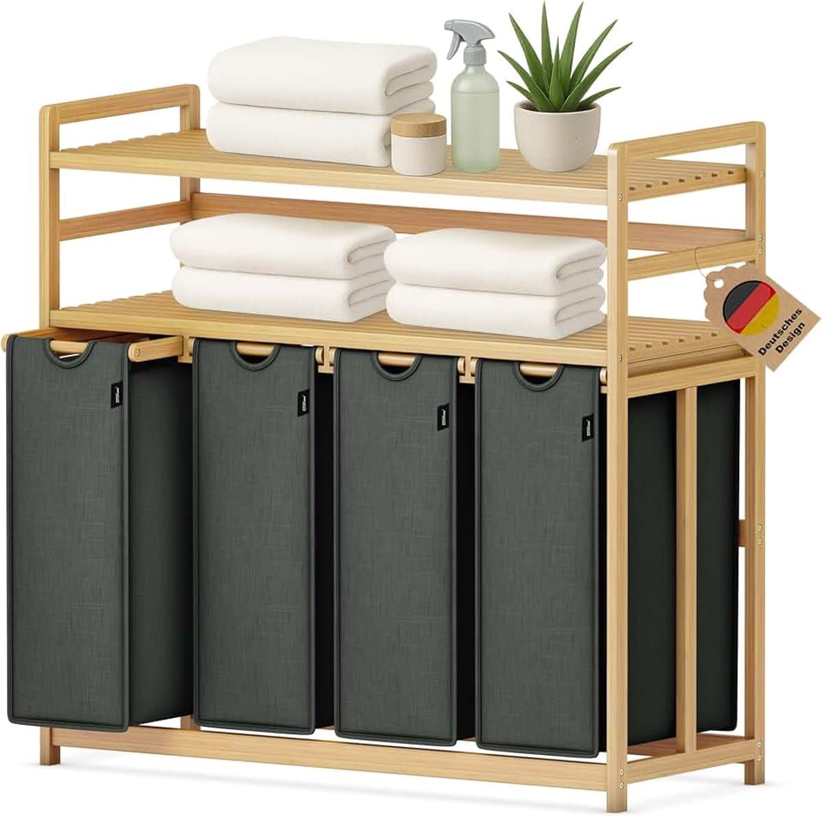 198 liter wasverzamelaar, 4 vakken, wasmand met dubbele plank | bamboe wasbox met uitneembare waszakken, ruimtebesparend voor badkamer, slaapkamer, waskeuken,donkergrijs — afbeelding 1
