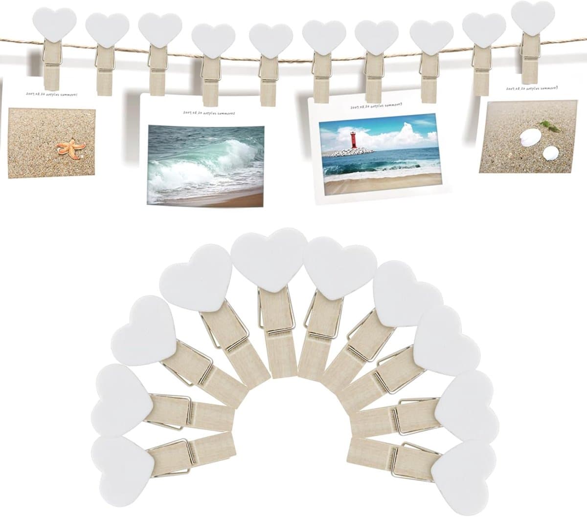 SnelShoppen - 20 Stuks Mini Houten Clips Hartvorm met 2m Jute Touw, Foto Clips voor DIY Decoratie, Witte Hart Clips voor Feesten en Creatieve Projecte — afbeelding 1
