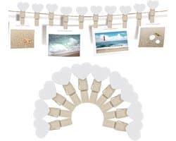 SnelShoppen - 20 Stuks Mini Houten Clips Hartvorm met 2m Jute Touw, Foto Clips voor DIY Decoratie, Witte Hart Clips voor Feesten en Creatieve Projecte