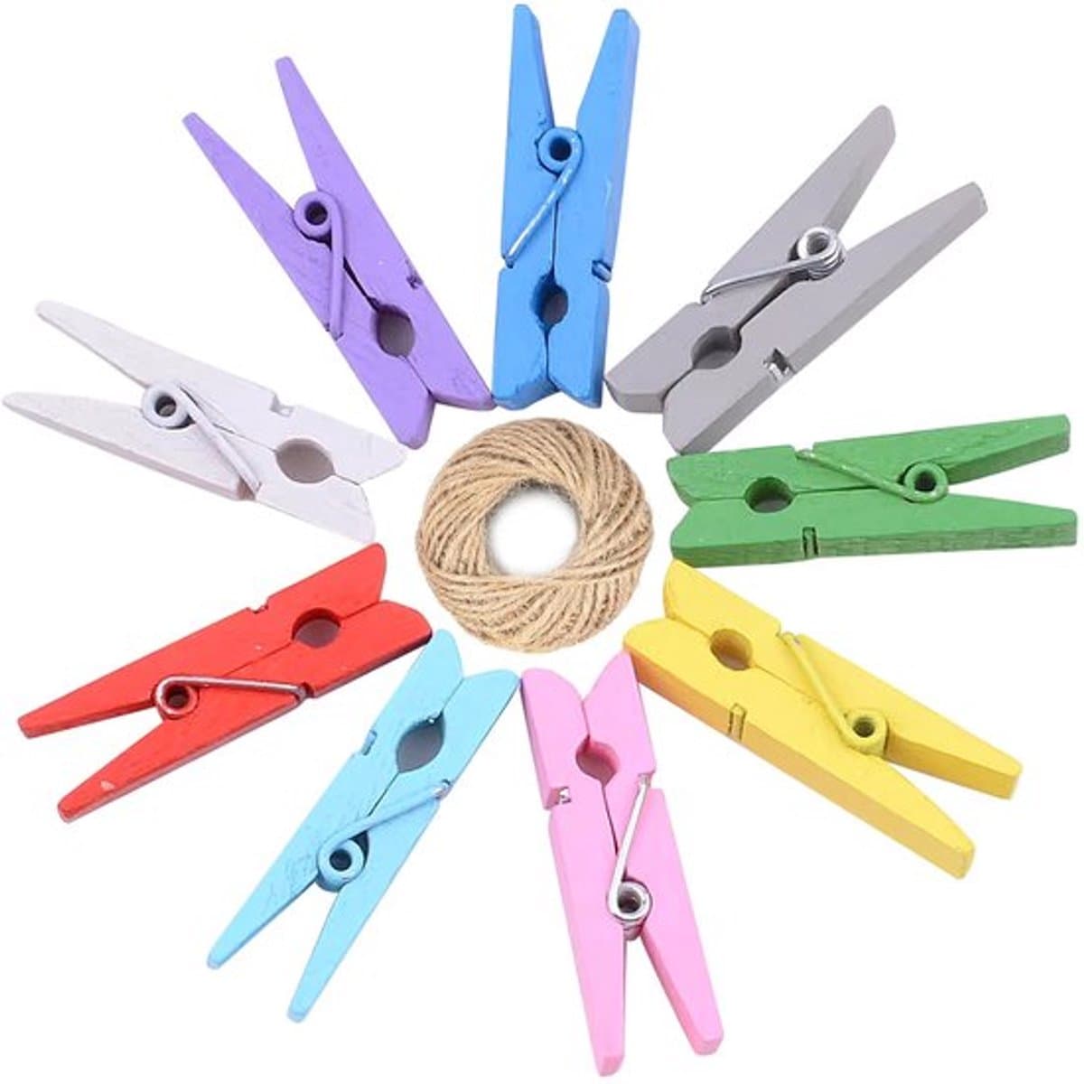 Knutselharingen 10 m Koord - Mini Wasknijpers Hout - Fotobevestiging - Cadeau-accessoires - Creatieve Klemmen - Stabiel en Goed Afgewerkt — afbeelding 1