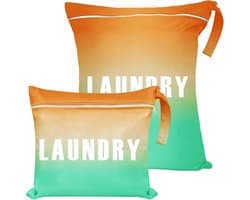 Reiswaszakken Set van 2 - Grote en Kleine Waterdichte Waszakken met Dubbele Rits en Handvat, Perfect voor Camping en Reizen, Oranje-Groen Gradient Kleur
