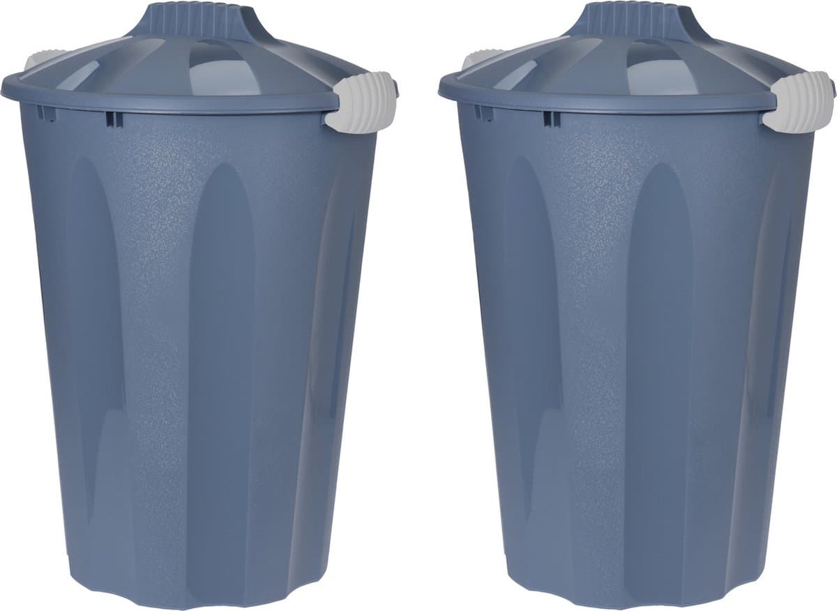 2x stuks kunststof wasmanden met deksel rond blauw 40 liter - Wasmanden/wasgoedmanden - Huishouden — afbeelding 1