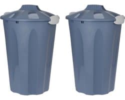 2x stuks kunststof wasmanden met deksel rond blauw 40 liter - Wasmanden/wasgoedmanden - Huishouden