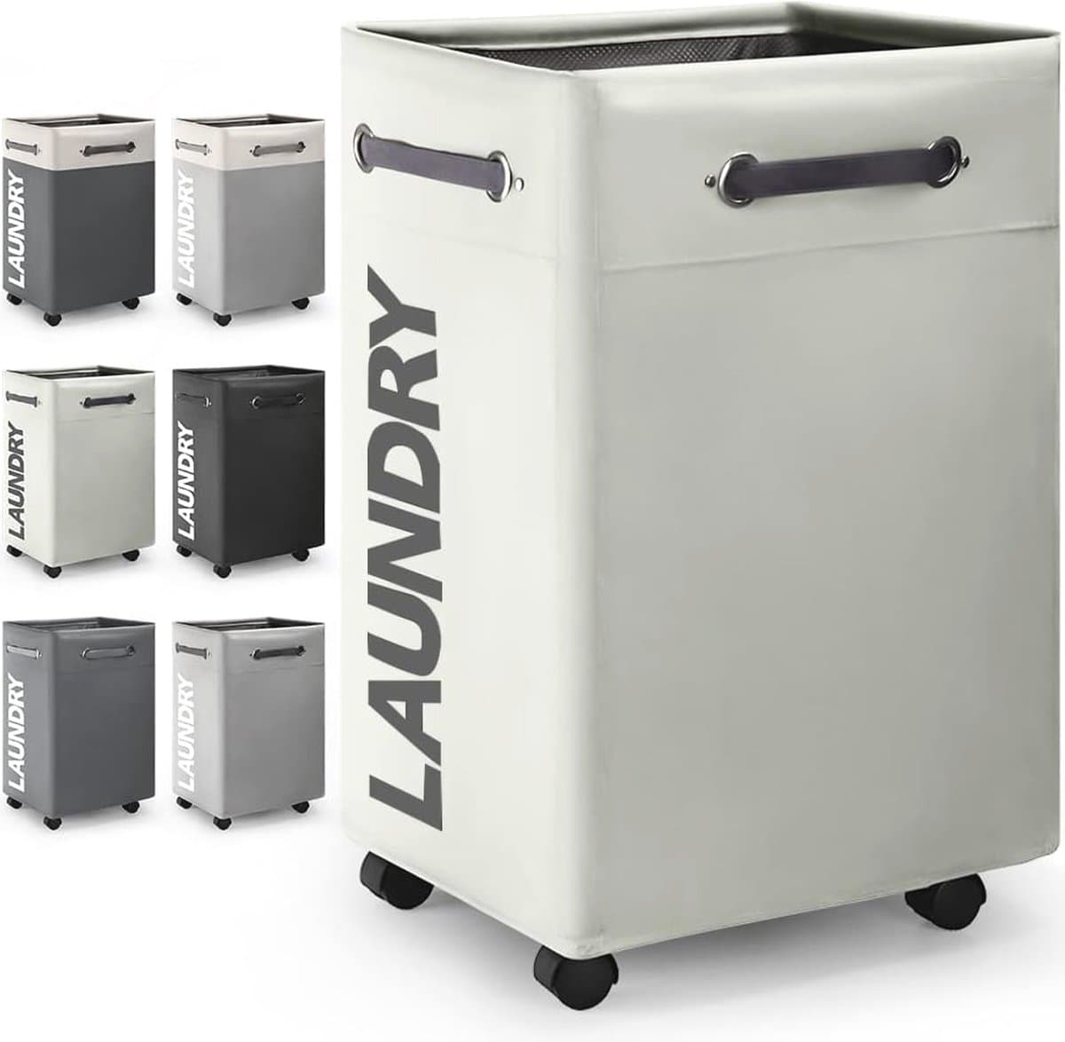 Grote Inklapbare Wasmand met Wieltjes 74L - Opvouwbare Dunne Wasmand met Handvat - Praktische Opbergbox voor Slaapkamers en Wasruimte - Gebroken Wit en O2 — afbeelding 1