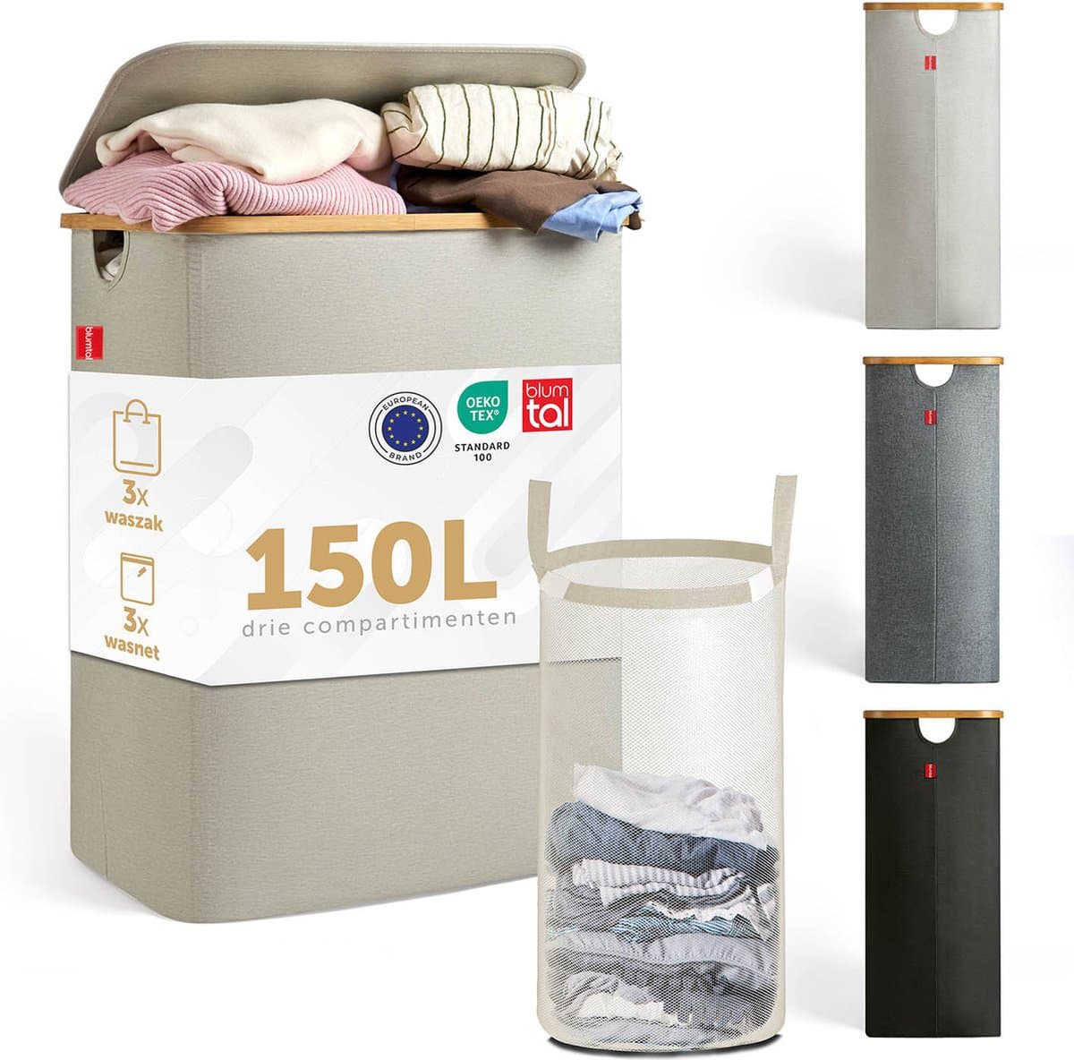 Blumtal Wasmand 150L - Wasmand met 3 uitneembare waszakkken - Wasmand met 3 vakken - Smalle wasmand - Flesverzamelaar - Wasmand met deksel - Beige — afbeelding 1