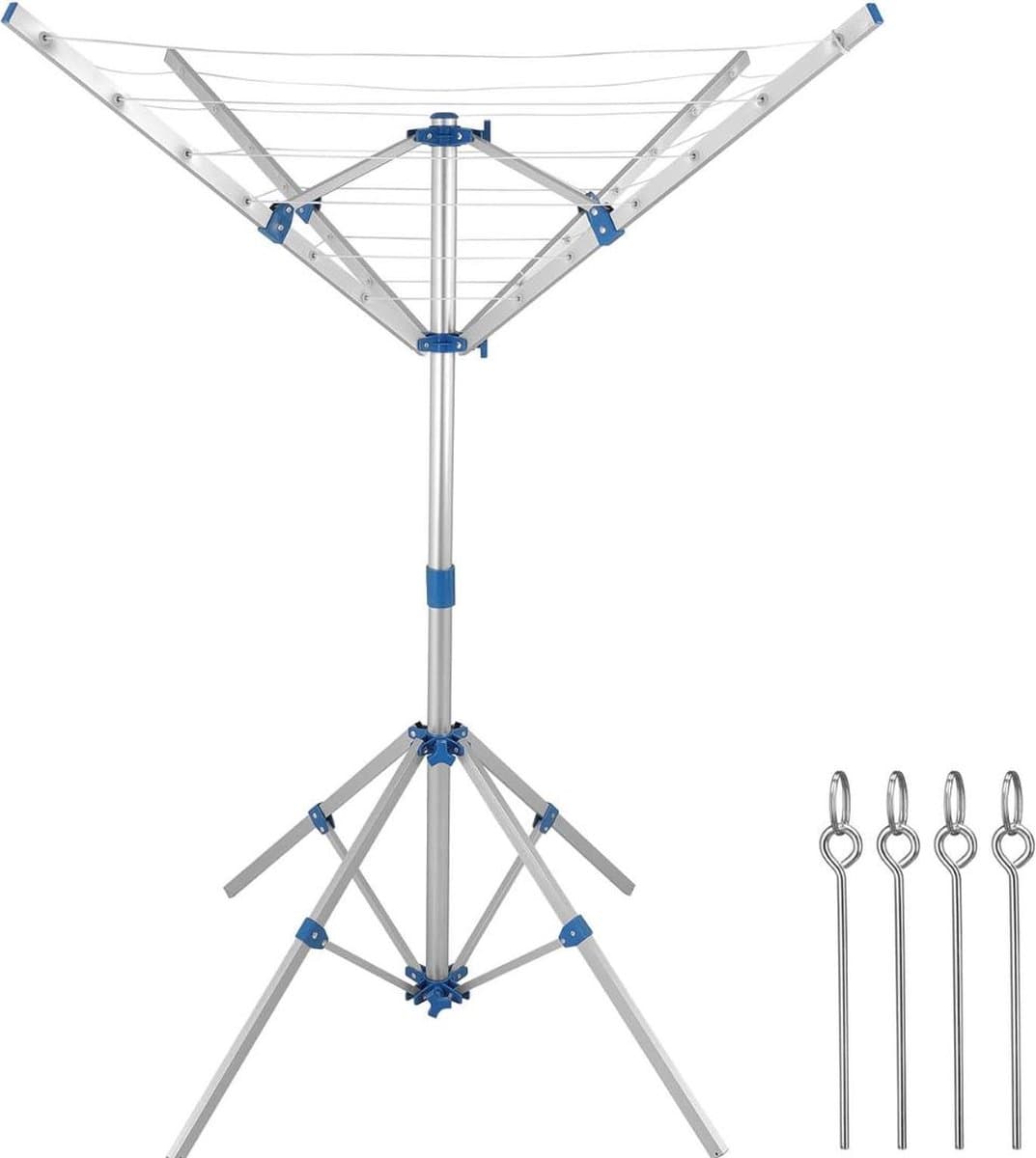 Droogmolen met Voet voor Camping & Thuis - Wasrek Staand - Droogrek Inklapbaar - Inclusief Pinnen - Zilver en Blauw — afbeelding 1