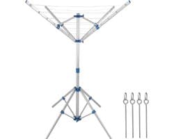 Droogmolen met Voet voor Camping & Thuis - Wasrek Staand - Droogrek Inklapbaar - Inclusief Pinnen - Zilver en Blauw — afbeelding 1