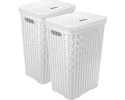 Hega Hogar Wasmand met deksel Rotan - 2x - wit - gevlochten kunststof - 60 liter - 34 x 43 x 62 cm