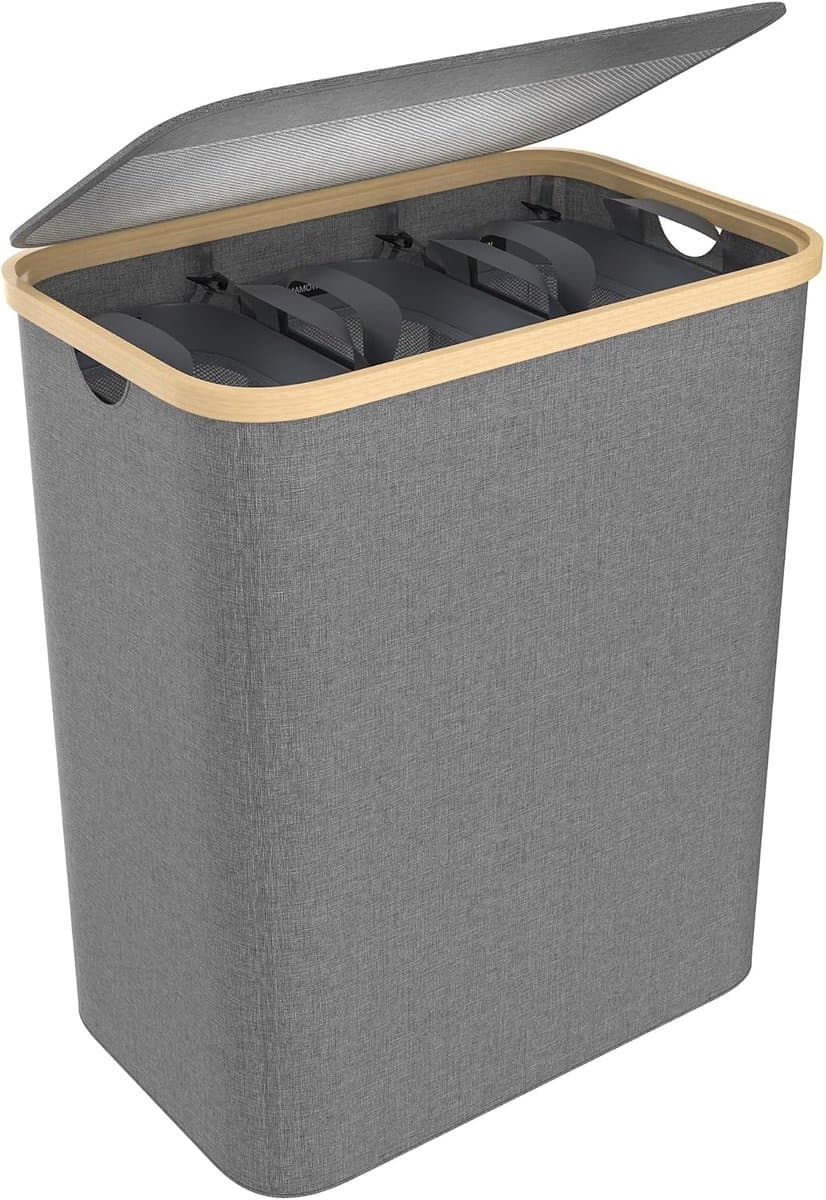 140 liter, vuile wasmand met deksel, houten handgreep, 3 sorteervakken en wasbare opvouwbare waszak voor badkamer, slaapkamer, kinderkamer of woonkamer, grijs — afbeelding 1