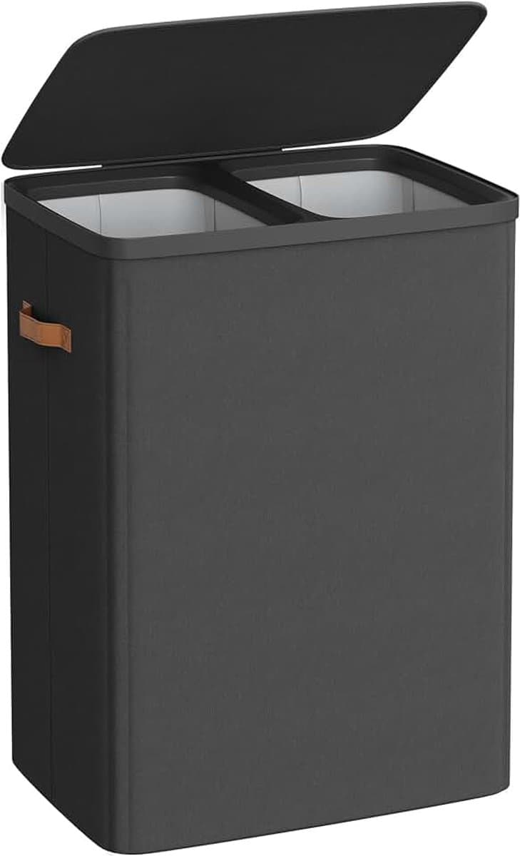 Wasmand, 170 L Wasmand, 2 compartimenten, Eenvoudige montage, met deksel en handgrepen, Uitneembare binnenzakken, 56 x 40 x 75 cm, Inktzwart LCB813B01 — afbeelding 1