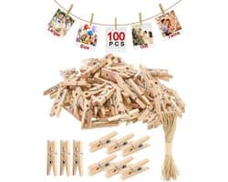 100 Mini Houten Knijpers met 12m Jute Touw voor Foto's en Decoratie
