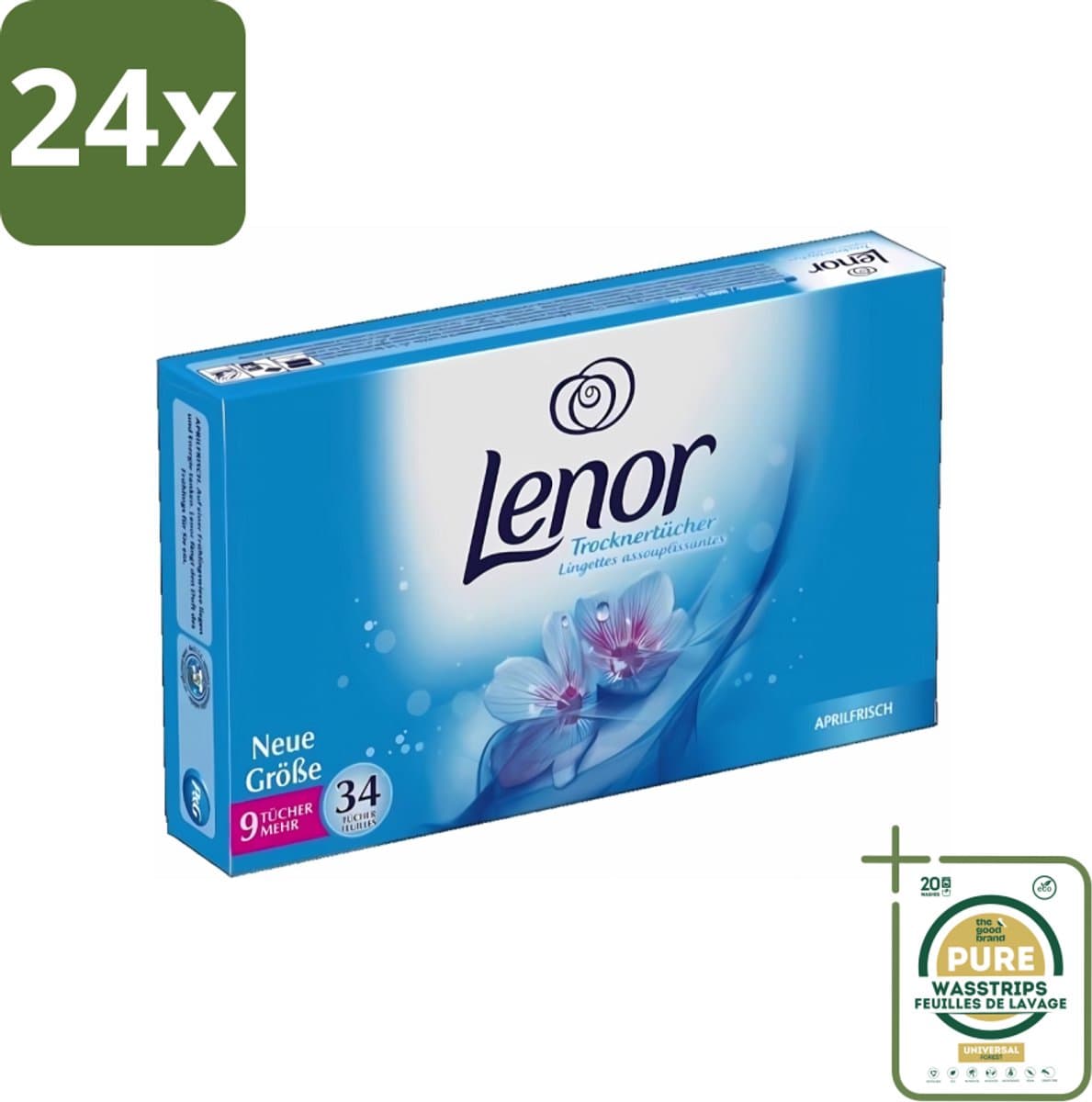 Lenor - Droogtrommeldoekjes - Aprilfris - Textielverfrisser - 34 Doekjes - Voordeelverpakking - 24 stuks - Wasdoekjes - Statische elektriciteit — afbeelding 1