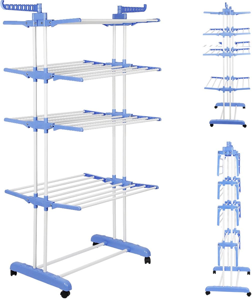 PIPIPOXER- Wasrek Inklapbaar-Droogrek-Staand Droogrek -Uitschuifbare Droogtoren – 4 Verdiepingen – 75 meter Drooglengte- Ruimtebesparend Wasrek -Wastoren Staand- Droogrek op Wielen - blauw en wit — afbeelding 1