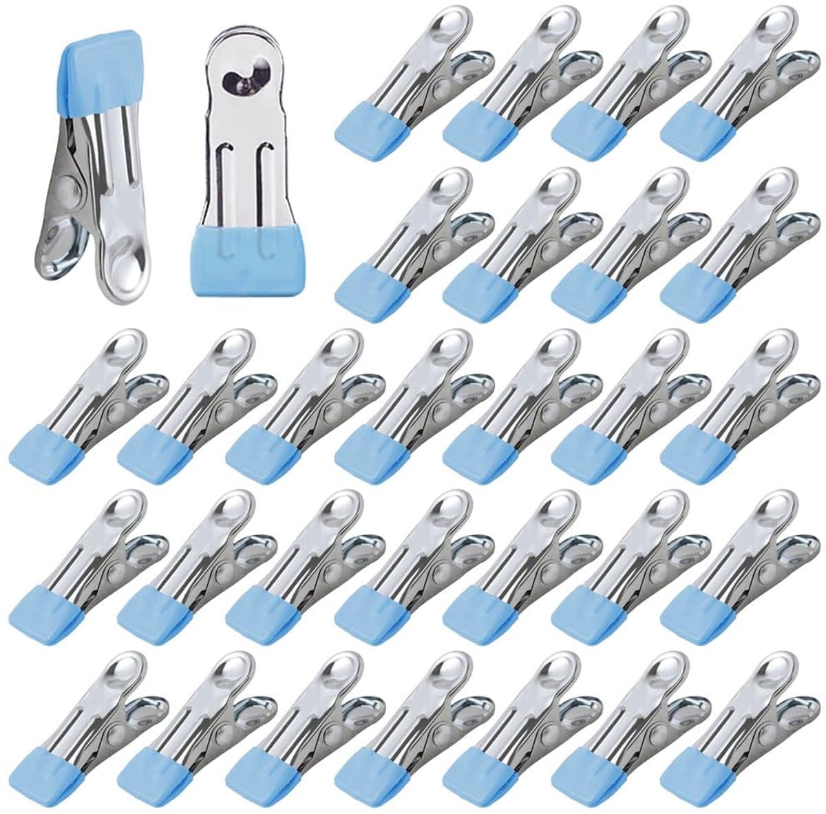 QTTVBTNA -Wasknijpers - Set van 30 - Roestvrijstalen Knijpers - Blauw, roestvrij, waterbestendig, windbestendig - Sterke veer, antislip rubberen coating - Multifunctioneel voor kleding, handdoeken, snacks en foto's - Voor thuis en reis — afbeelding 1