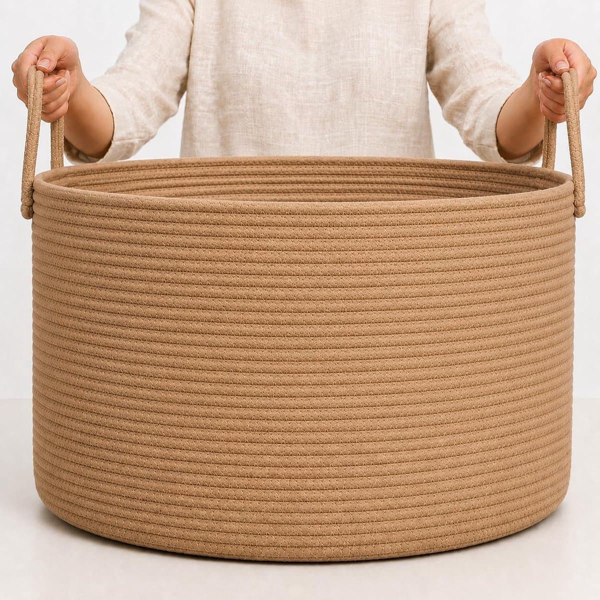 SnelShoppen - XXL Honey Katoenen Opbergmand - Handgeweven Decoratieve Mand voor Dekens en Was - 50x33cm - Multi-Tone - Ideaal voor Kinderen en Speelgo — afbeelding 1