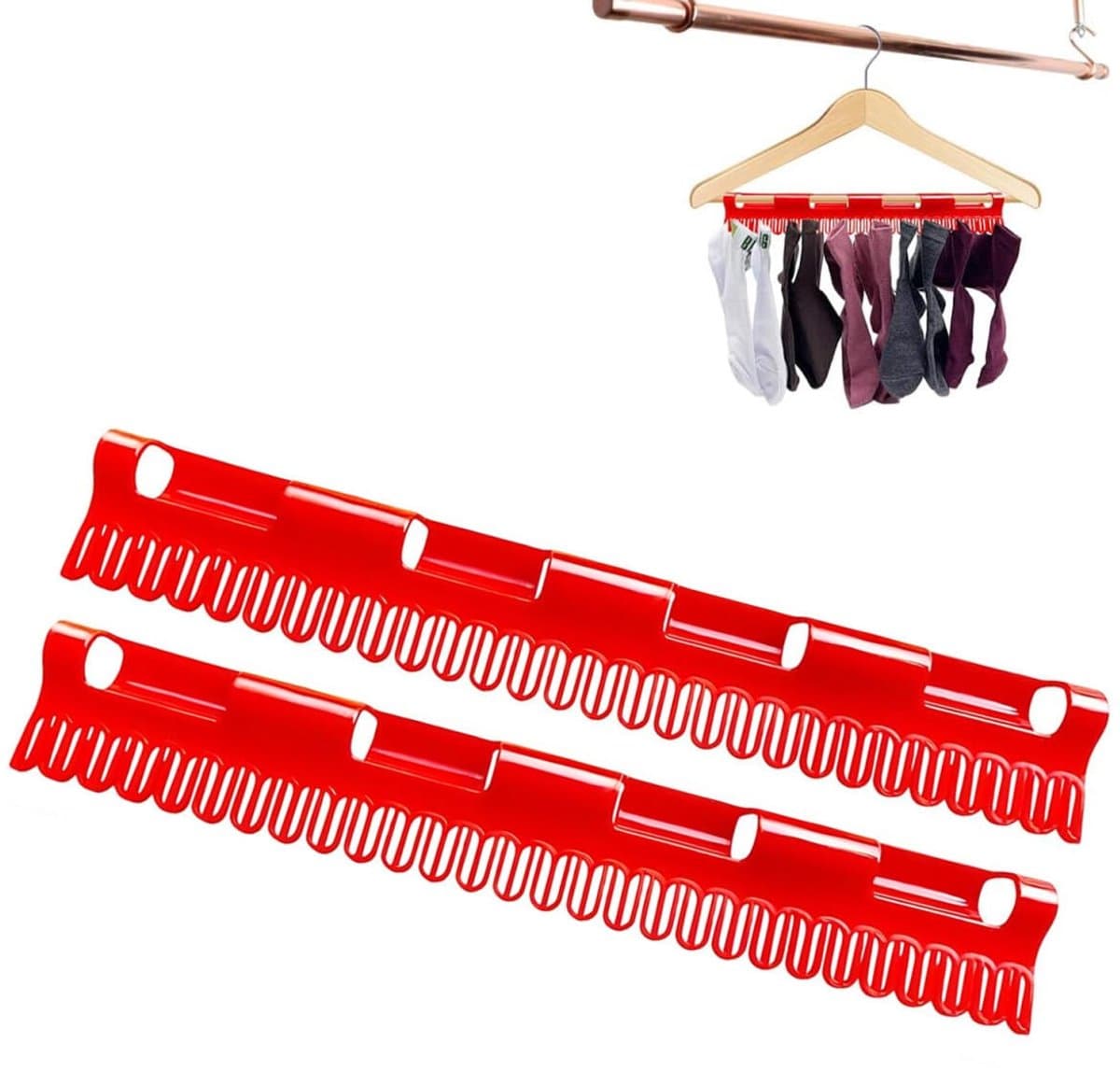 2 stuks - Sokkendroger - Draagbare washaken - Sokkenhouder - Kledingrek - Vierdelig droogrek voor sokken en kleding - winddicht droogrek - kledinghanger - plastic kledinghanger - voor hoeden, schoenveters, handdoeken en sokken - 32*5cm - rood — afbeelding 1