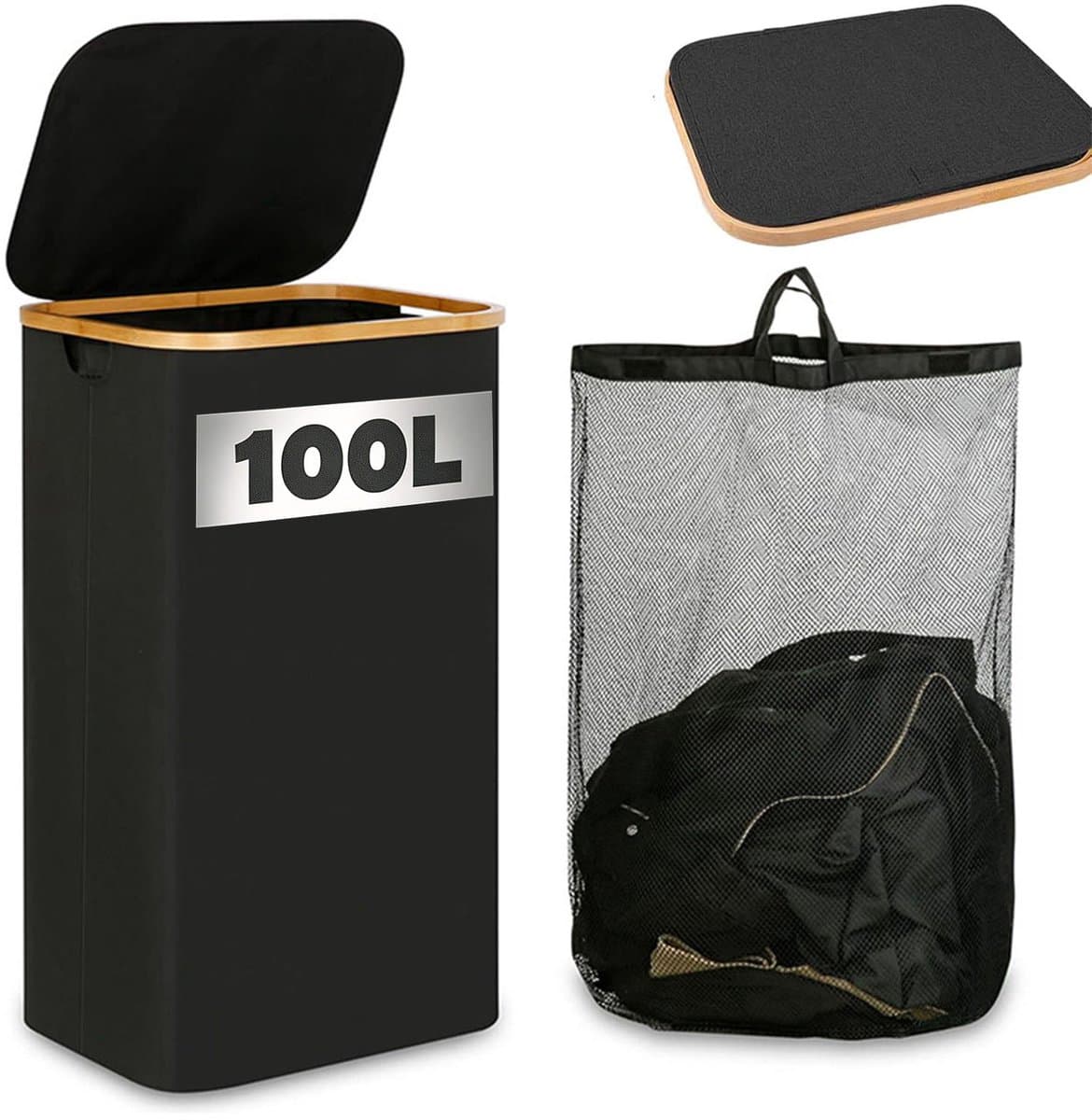 Wasmand Wasmand Met Deksel – 100L Grote Opslagcapaciteit – Opvouwbare Waszak Van Oxford Stof – Bamboe Wasbox Met Handgreep – Met Uitneembare & Wasbare Binnenzak – Grijs/Zwart – Voor Slaapkamer, Badkamer & Wasruimte — afbeelding 1