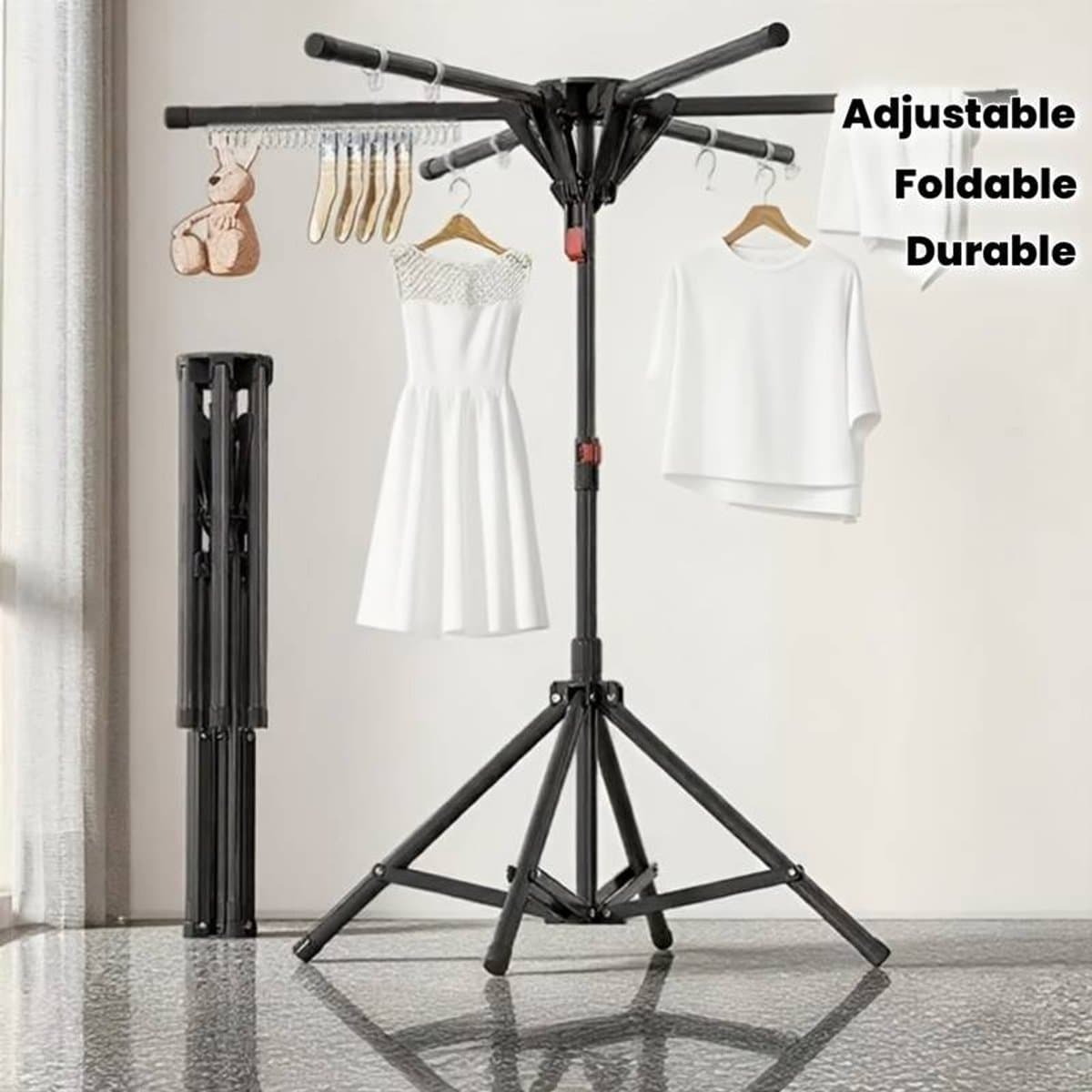 6-Arm Metalen Stang Gemaakte Kleding Droogrek, Opvouwbaar Kledingrek, Hoogte En Breedte Verstelbaar, voor Binnen- En Buitengebruik, Laadvermogen 35-40Kg, met 20 Winddichte Haken En 2 Sokkensluiters, Ruimtebesparend Ontwerp, Stevig En Duurzaam — afbeelding 1