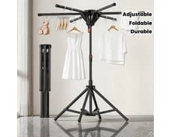 6-Arm Metalen Stang Gemaakte Kleding Droogrek, Opvouwbaar Kledingrek, Hoogte En Breedte Verstelbaar, voor Binnen- En Buitengebruik, Laadvermogen 35-40Kg, met 20 Winddichte Haken En 2 Sokkensluiters, Ruimtebesparend Ontwerp, Stevig En Duurzaam