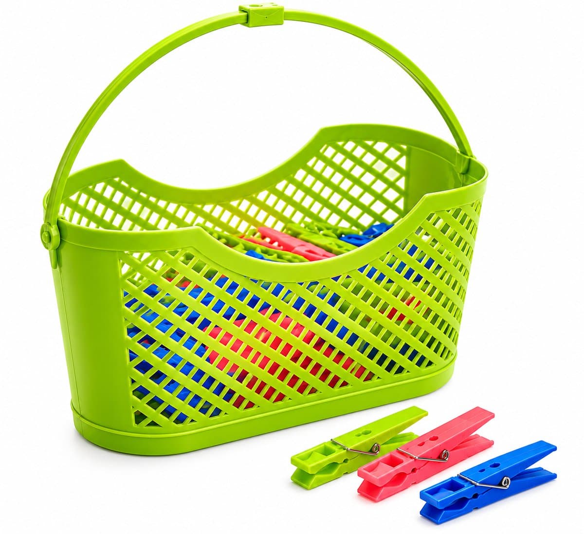 Wasknijpermandje met 24 Wasknijpers – Kunststof Wasknijpermand – Ophangbaar – 24 x 10,5 x 12 cm – Groen — afbeelding 1