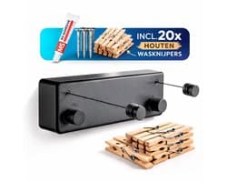 cozy.® Waslijn Uittrekbaar - Waslijndraad met stalen kern - Wasdraad - Wasrek - Roldrooglijn - Droogrek hangend - Ruimtebesparend - 8.4 m (2x 4.2m) Drooglengte - Binnen en Buiten - Incl 20 Stuks Houten Wasknijpers - Zwart — afbeelding 1
