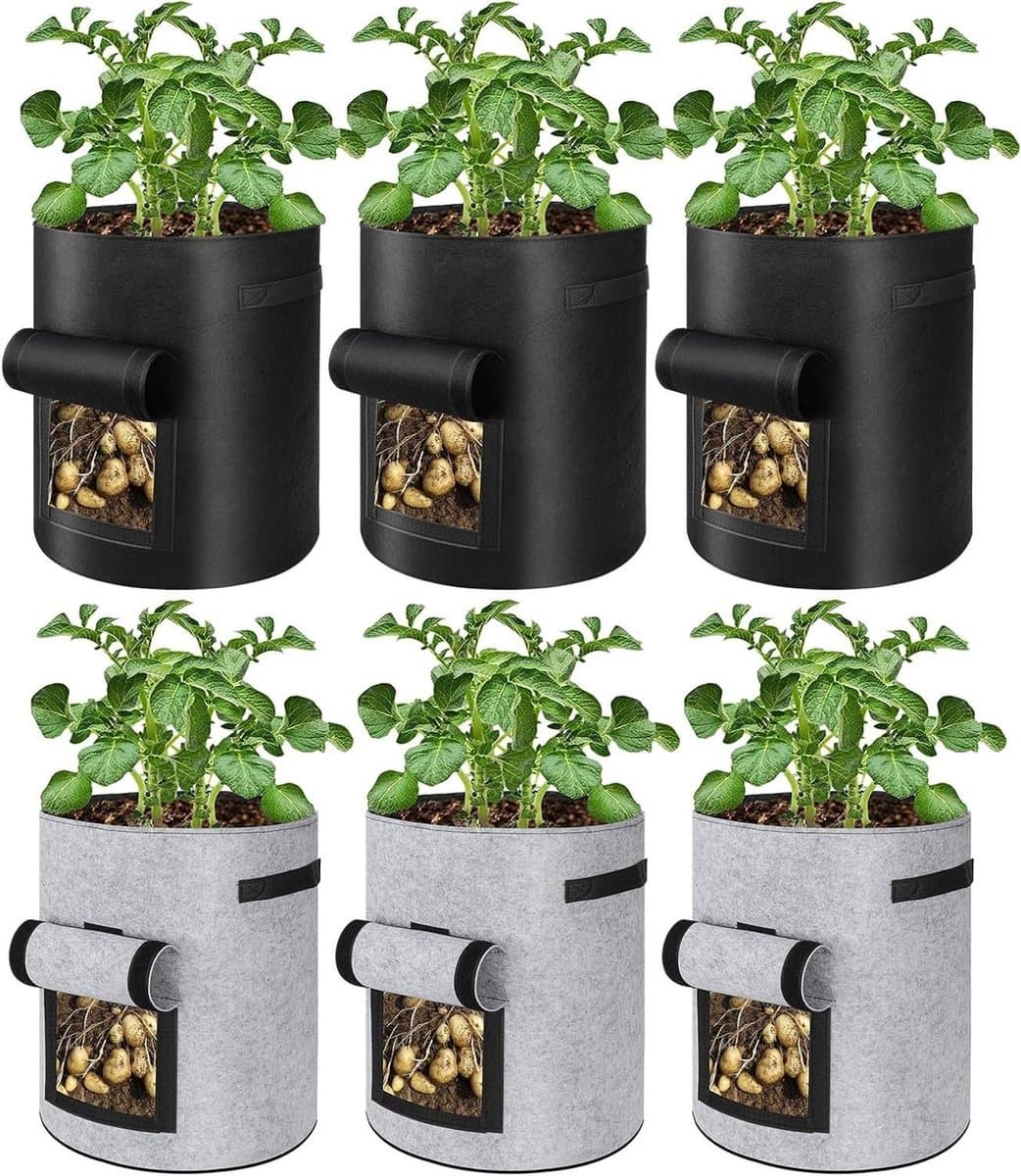 6 Pack 10 gallon aardappelkweekzakken met klepper, tuinplantzak met duurzaam handvat, verdikte niet-geweven stoffen potten voor tomaat, groenten en fruit (zwart en grijs) — afbeelding 1