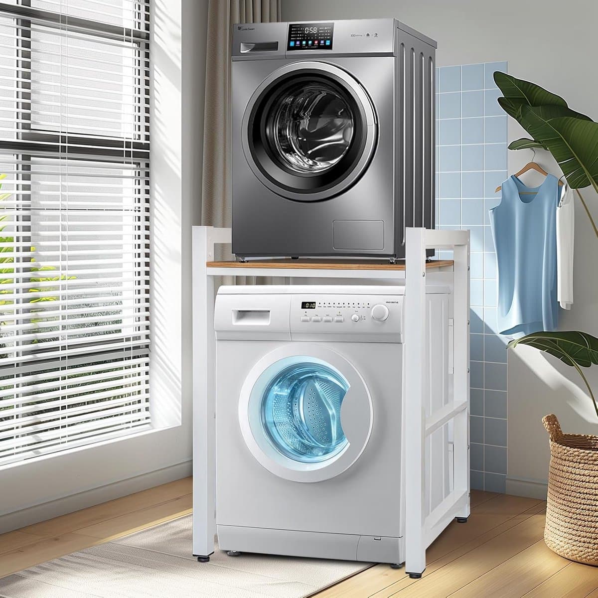 Wasmachine Stapelrek - Droger Organizer - Ruimte Besparen - Verstelbare Hoogte - 105 cm Hoog - Wit — afbeelding 1