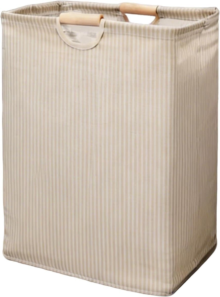Wasmand- katoenen linnen opbergmand met houten handgrepen - opvouwbare stoffen organizer voor slaapkamer - badkamer en huisorganisatie - beige - 40*30*50 cm — afbeelding 1