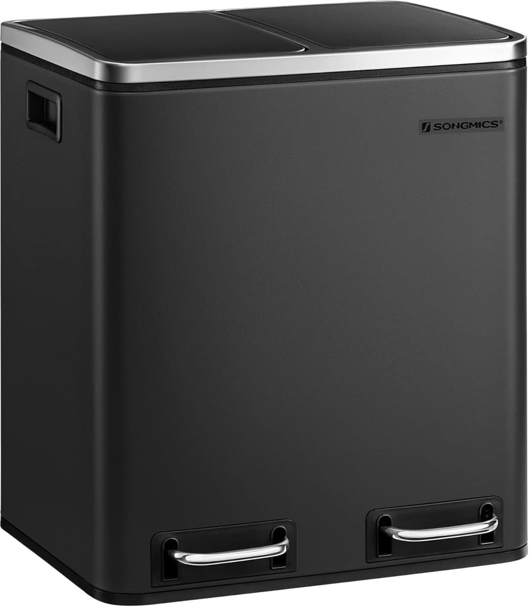 SONGMICS Afvalemmer voor de keuken, 30L, afvalscheiding, metalen afvalemmer, pedaalemmer met binnenbakken en handgrepen, afvalscheidingssysteem, 2 x 15 liter, softclose, luchtdicht, zwart LTB30BK — afbeelding 1