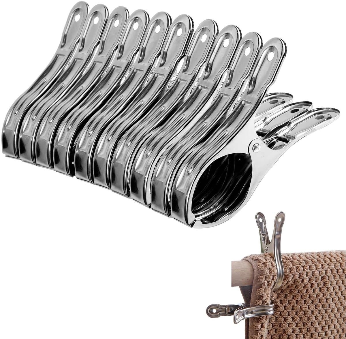 Allecto - 10 Stuks Strandhanddoekklemmen - Roestvrij Staal - Duurzaam en Sterk - Zilver - Handige Clips voor Strandlakens - Perfect voor Kleding e — afbeelding 1