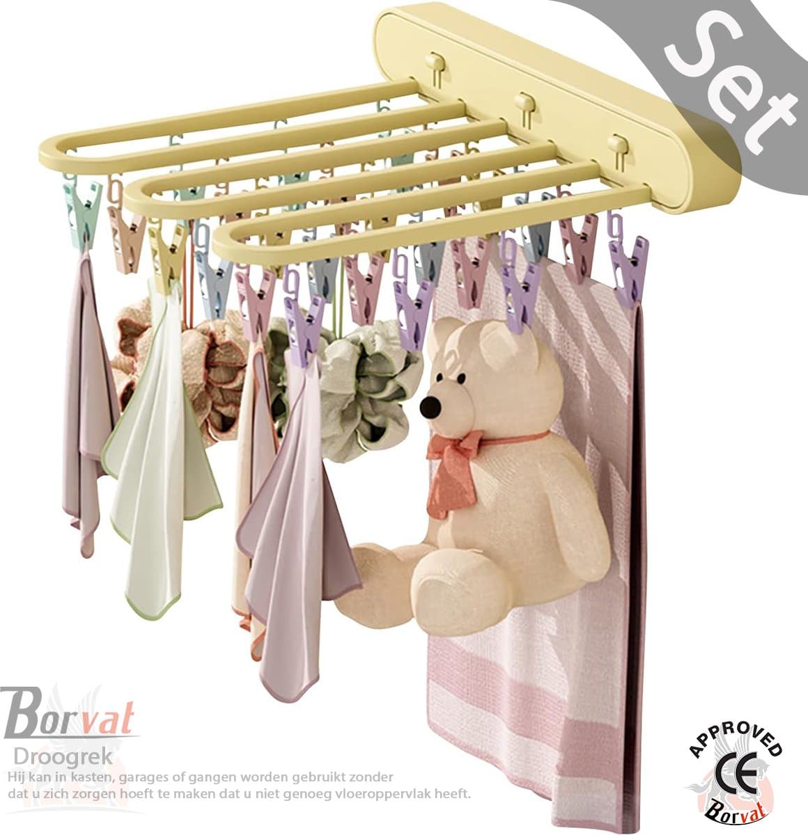 Borvat® - Droogrek - aan de muur gemonteerd - opvouwbaar kledingrek - afneembare clips - kledinghaak - waslijn - Geel - Set — afbeelding 1